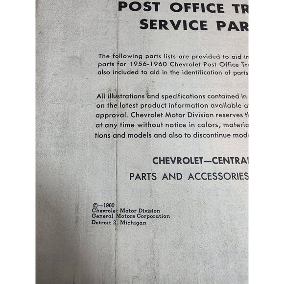 1960 Chevrolet Post Office Truck Service Parts Catalog GM Manual - Picture 3 of 7